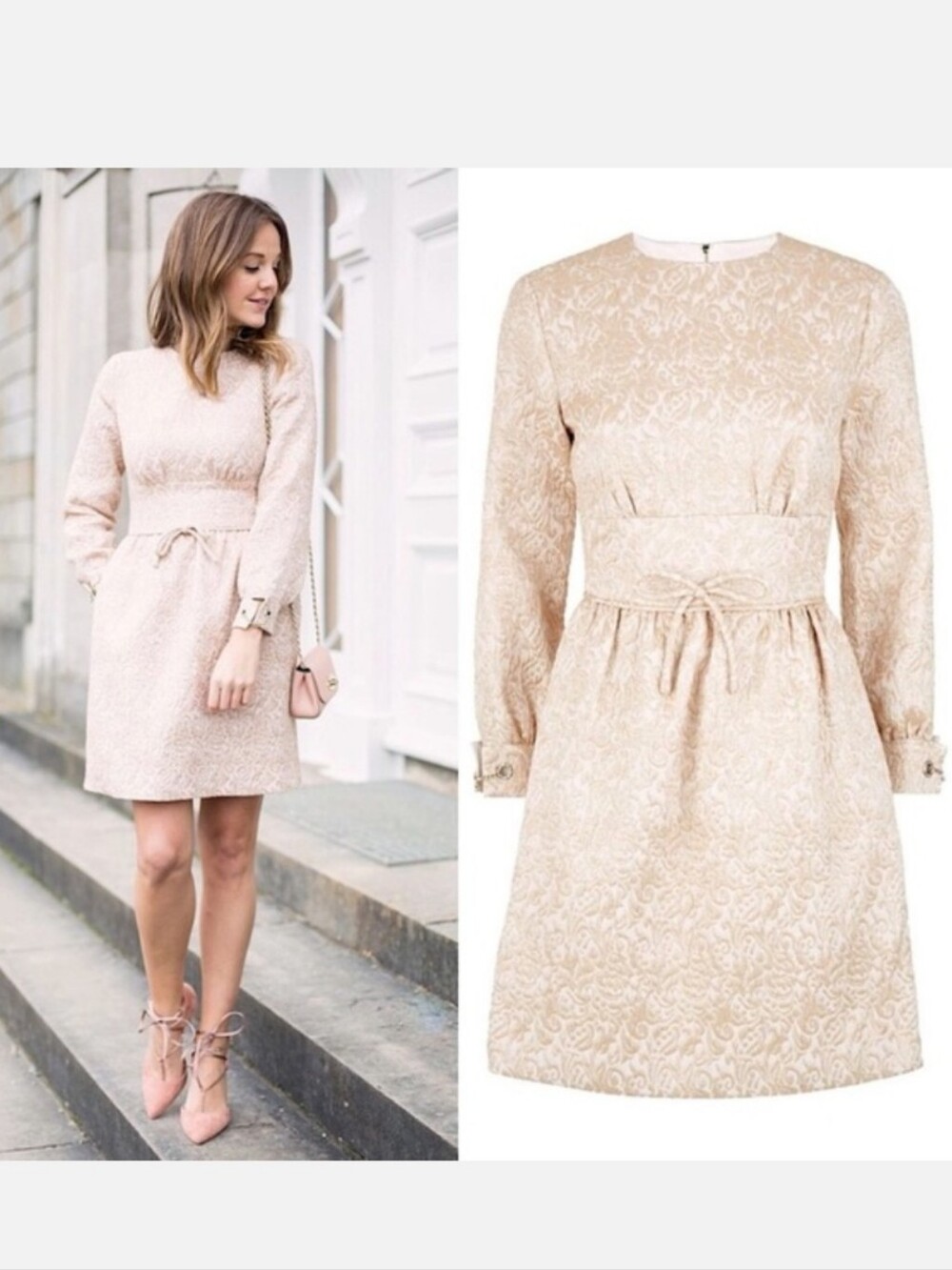 REISS Melanie Jacquard Rose Gold Party Mini Dress Long Sleeve 4 Wedding Cocktail
